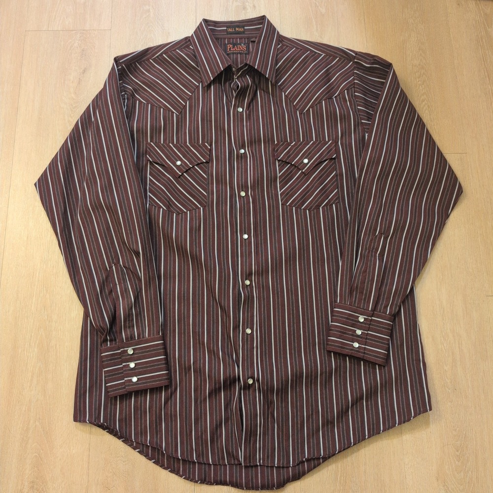 Plains Western Wear Mens LT Tall Brown Striped Pearl Snap Long Sleeve Shirt